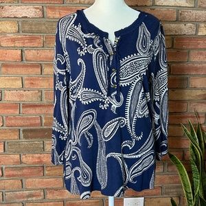 Talbots Navy Blue with Large Cream Paisley Henley Style 3/4 Sleeve Top Size L